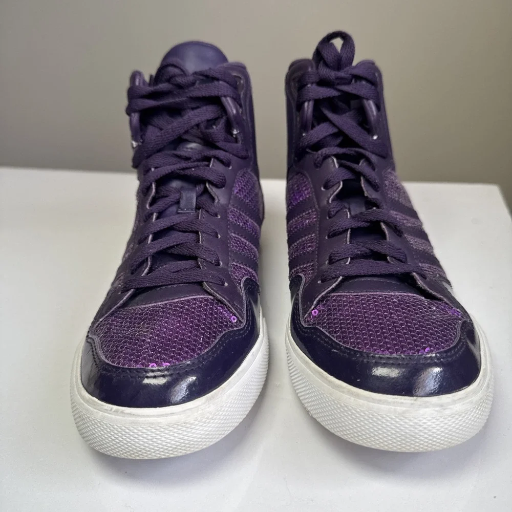 Adidas Extaball High Top Sneakers Womens Shoes US 8 Dark Violet Sequins White